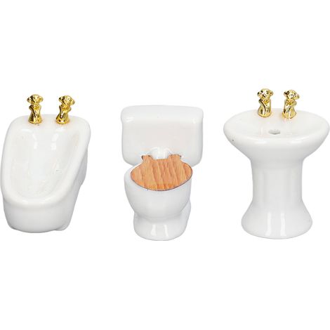 Ensemble Salle de Bain Miniature 3 Pièces Céramique Blanche 1/24, Baignoire Toilette Lavabo Simulation pour Maison de Poupée (1/5)