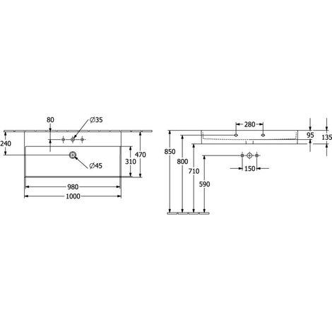 Lavabo rectangulaire VB Memento 2.0 1000 x 470 mm avec trop-plein. Céramique Blanc Pierre Plus