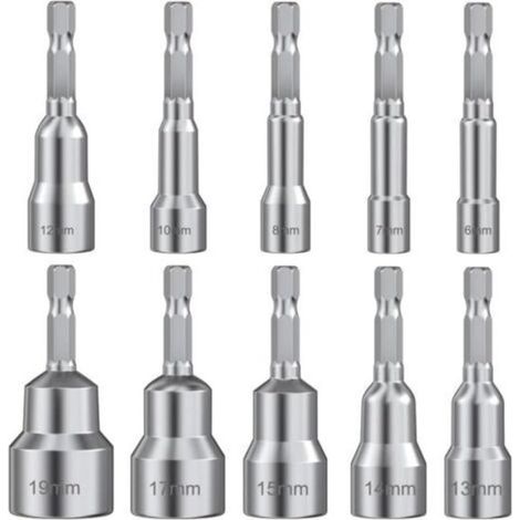 Lot de 10 douilles hexagonales magnétiques 6/7/8/10/12/13/14/15/17/19, adaptateur de douille pour perceuse ou tournevis (1/5)
