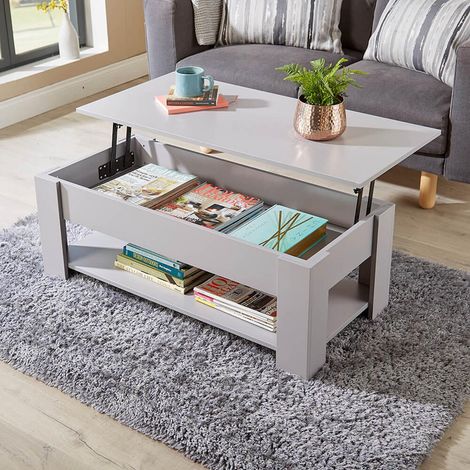 Grey Wooden Coffee Table With Lift Up Top Storage Area and Magazine Shelf (1/5)