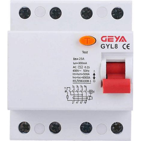 Disjoncteur différentiel GYL8 4P 25A 300mA, protection de fuite à courant résiduel, 400VAC 50/60Hz, IP20, interrupteur automatique modulaire, dispositif de sécurité électrique pour tableau, disjoncteu (1/4)