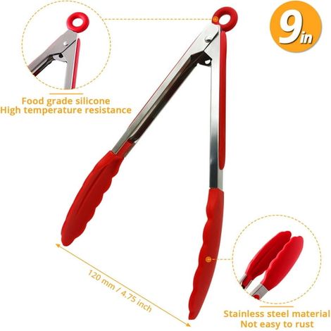 Pinces de cuisine en silicone (9 pouces), résistantes à la chaleur élevée jusqu'à 480 ° F, en acier inoxydable avec embouts en silicone antiadhésifs (9 pouces, rouge) (1/5)