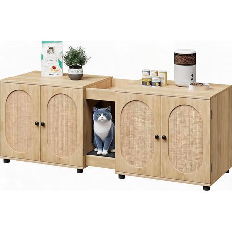 55.1'' Extra Large Cat Litter Box Enclosure – Double Hidden Litter Cabinet for 2 Cats, Rattan Doors, Multi-Use Cat House with Storage – Modern Washroom Furniture – Wood Color, Fujimon