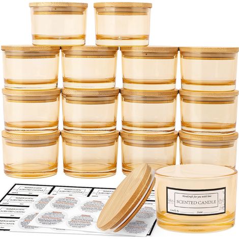 Lot de 15 bocaux en verre ambré doré de 118 ml avec couvercles hermétiques en bambou pour la fabrication de bougies, récipients à bougies vides avec étiquettes adhésives (1/5)
