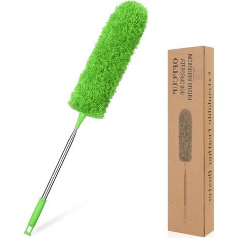 Plumeau télescopique - Plumeau en microfibre avec manche télescopique en acier inoxydable et brosse coudée pour le nettoyage des hauts plafonds, des ventilateurs et des toiles d'araignée (1/5)
