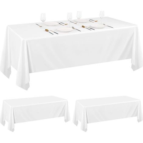 Set mit 2 weißen Polyester-Tischdecken (153 × 260 cm) für rechteckige Tische (1,8 m breit), fleckenabweisend und waschbar, ideal für Hochzeiten, Empfänge und Bankette. (1/5)