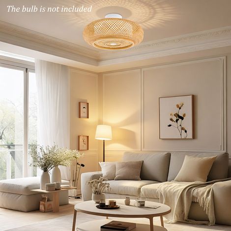 【Maison connectée】E27 Suspension Rétro Lampes Suspendues Bambou Lustre Naturel Pendentif Lumière Vintage Tressé Abat-Jour Rotin Éclairage Salon Café Plafonnier,40cm (1/5)
