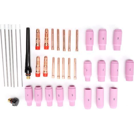 37-teiliges WIG-Elektrodenset: Wolfram-Aluminiumoxid-Düse, Klemmkörper und Rückkappe für WP17/18/26-Brenner. (1/5)