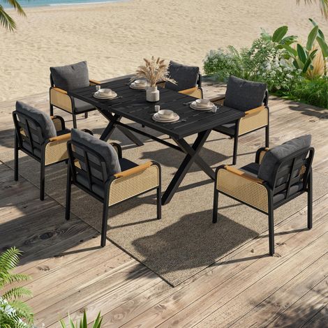 Salon de Jardin 6 Places avec Accoudoirs Tressés, Ensemble Repas Extérieur en Fer avec Coussins, Ensemble de Jardin Moderne - Noir (1/5)