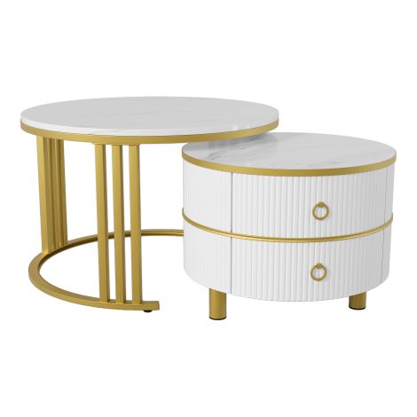Table basse ronde 2en1 MDF marbre blanc, plateau brillant, 2 tiroirs