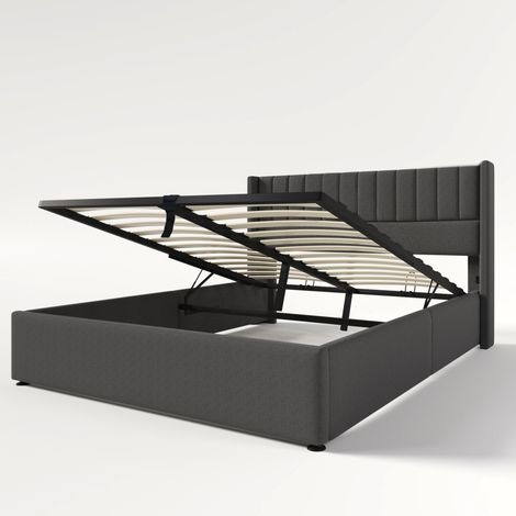 Cama con canapé tapizada hidráulica 140 x 200 cm gris con somier de láminas (1/5)