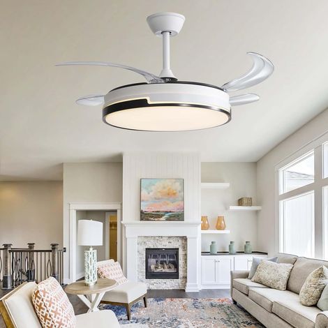 Plafonnier Ventilateur Moderne Blanc 4 Pales Lames Rétractables - Lumière LED 120W Dimmable, Moteur DC 6 Vitesses, Ventilateur Silencieux Avec Telecommande Pour Chambre/Salon-108CM (1/5)