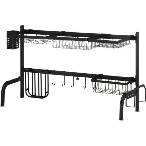 Escurridor De Platos Escurreplatos De 2 Niveles, Escurreplatos Con Ganchos, Bandeja De Goteo, Acero, Negro, 51-93Cm