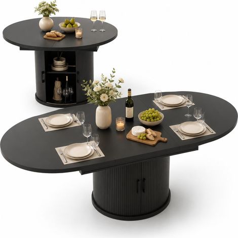 FurnitureR Black Round to Oval Dining Table 118 to 158cm with Storage (1/5)