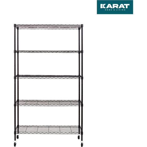 Gitterregal mit Rollen Maya 5 Böden Für Wohnzimmer, Bad oder Keller 89 x 34 x 150 cm Schwarz