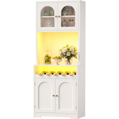 Buffet Haut avec 4 Portes Vitrées, Porte-Bouteilles, Étagères Réglables, Éclairage RGB, MDF Blanc, 70 x 38.3 x 180 cm (1/5)