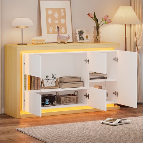 Buffet 140 x 40 x 84 cm mit LED, 3 Türen, Türen aus gehärtetem Glas, weiß HAVRYA (1/5)