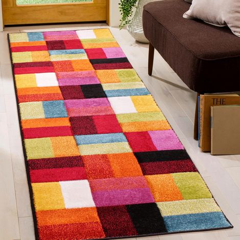 Spectra Carved Largo Geometric Rainbow Bright Multi Coloured Soft Rug 66 x 230 cm (2'5"x7'7") Runner (1/4)
