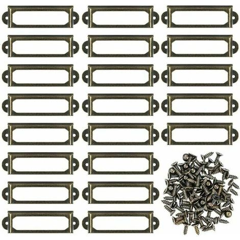 Lot de 50 supports métalliques pour étiquettes, plaques nominatives et cadres – Fixation par vis – Dimensions 59 × 17 mm – Couleur bronze – Idéal pour meubles, tiroirs, armoires, bibliothèques et rayo