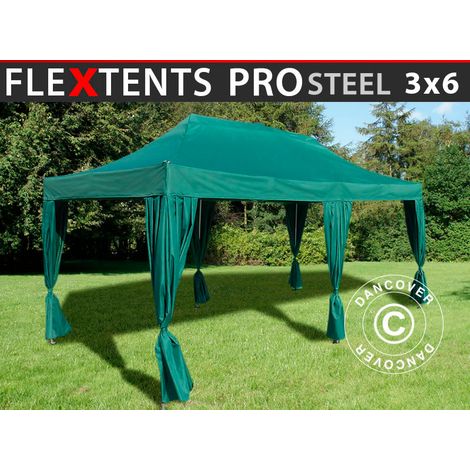Pop up gazebo FleXtents PRO Steel 3x6 m Green, incl. 6 decorative curtains