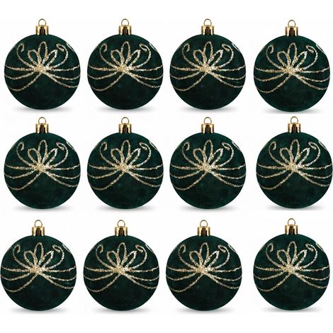 12 Palline per Albero di Natale 8 cm Velluto VERDE SCURO ANTICO con Decorazioni oro Palla sfera natalizia addobbi verdi ghirlande Eleganti e particolari arredo casa e locali commerciali (1/5)