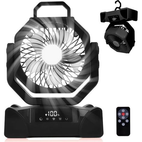 Ventilatore portatile ricaricabile per campeggio，ventilatore per tenda con lanterna a LED e telecomando，3 colori di luce e 4 modalità timer (1/4)