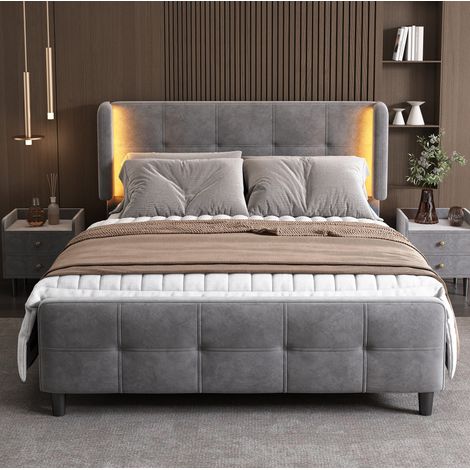 Cama tapizada de terciopelo gris 140x200 cm con LED de 16 colores, cabecero ajustable y somier de láminas (1/5)