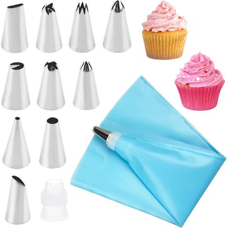 10 Douilles Patisserie et 1 Poche à Douille en Silicone Réutilisable – Kit Patisserie, Poche a Douille Patisserie pour Deco Gateau, Cupcake, Pâtisserie (1/5)