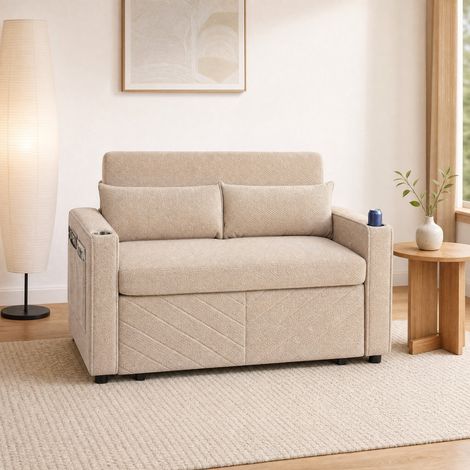 Divano letto 2 posti 195x134x73 cm beige, USB, convertibile 3 in 1, legno e tessuto MEUBLIV (1/5)