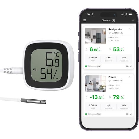 Thermometre Frigo Bluetooth, Thermometre Réfrigérateur avec Sonde, Thermomètre Hygromètre Bluetooth, Thermomètre Numérique pour Congélateur avec APP, Stockage de Données pour Maison, Aquarium (1/5)