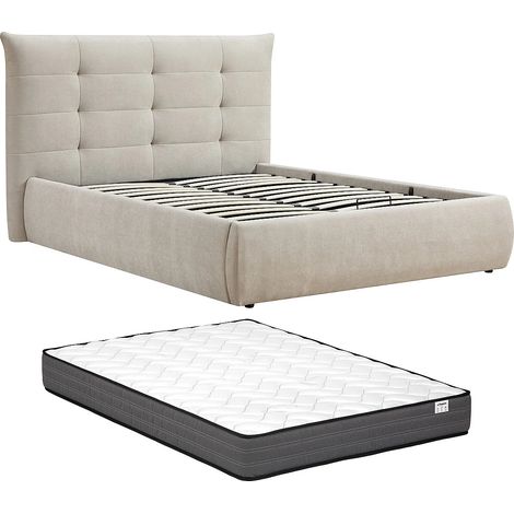 Lit coffre 160 x 200 cm avec tête de lit capitonnée – Tissu – Beige + Matelas - DORMELINA (1/5)