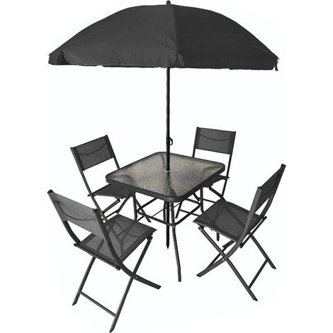 TRADE SHOP - Set Giardino Sharm Tavolo Con Ripiano Vetro 70x70cm 4 Sedie Pieghevoli Ombrellone Parasole - Nero