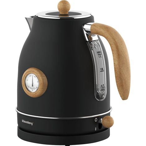 Bouilloire électrique 1,7 L avec thermomètre – Acier inoxydable 304 – Puissance 1850–2200 W – Design noir avec éléments en bois