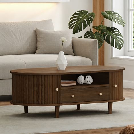 Ovale Couchtisch mit 1 Schublade und Rollo-Tür, Nussbaum, 100x50x36 cm (1/5)