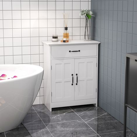 Meuble salle de bain. armoire salle de bain sur pied avec double porte. tiroir et étagère réglable. 60x30x75cm. blanc