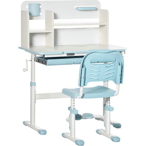 Set Scrivania e Sedia per Bambini da 3 Anni Regolabile, Tavolo Inclinabile a 60° con Cassetto e Ripiani, Blu