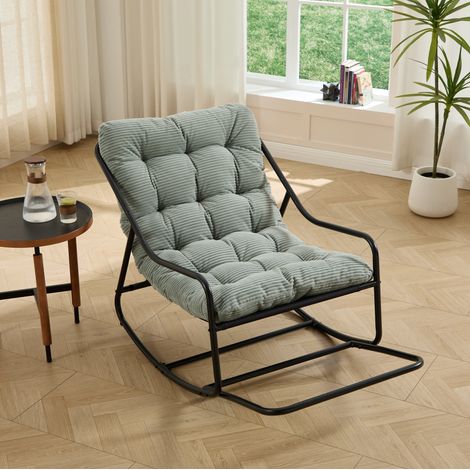Poltrona a dondolo 75x116x82 cm in acciaio nero, cuscino verde chiaro, moderna FloraGrace (1/5)