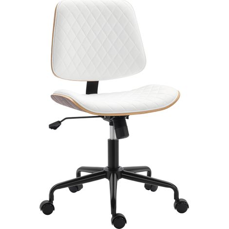 Sedia da scrivania girevole senza braccioli con schienale curvo, sedile a U, altezza regolabile e inclinazione, colore bianco.