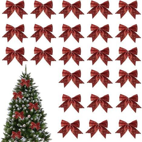 24 glitzernde Weihnachtsschleifen, Weihnachtsbandschleifen, für Weihnachtskränze, Weihnachtsdekorationen für Türen, Fenster, Gärten (Rot) (1/5)