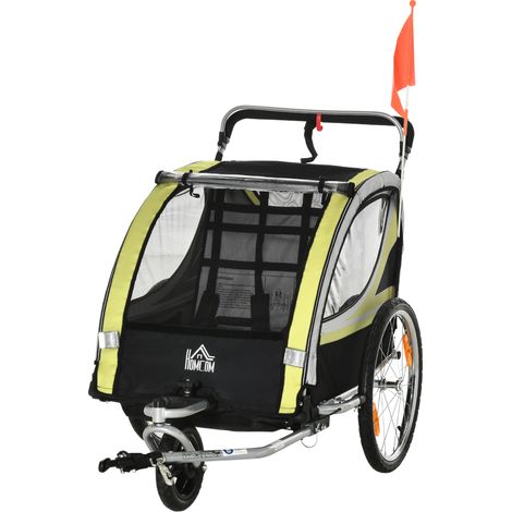 Remorque vélo 2 en 1 pour enfants, frein, ceinture 5 points, sacoches latérales, catadioptres, drapeau, jaune