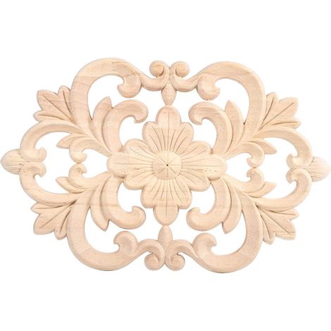 Applique Onlay sculpté en Bois - Motif de Fleur Ronde Non Peinte Onlay de Cadre d'applique sculpté en Bois pour la décoration d'armoire de Porte(22 14CM) (1/5)