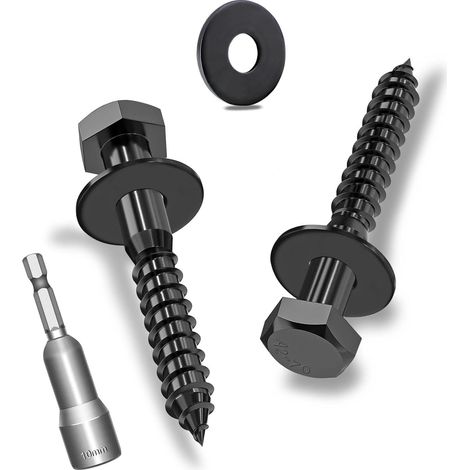 Lot de 15 vis à bois hexagonales M6 x 40 mm avec rondelles, vis hexagonales noires en acier inoxydable A2V2-DIN571, vis à clé avec rondelles et clé à douille (1/5)