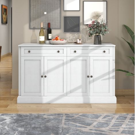 Buffet 150x40x86 cm blanc antique en panneaux de particules avec 4 portes, 2 tiroirs et étagères réglables (1/5)
