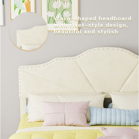 Lit 160/200 cm beige en tissu et métal avec matelas inclus et tête de lit géométrique (1/5)