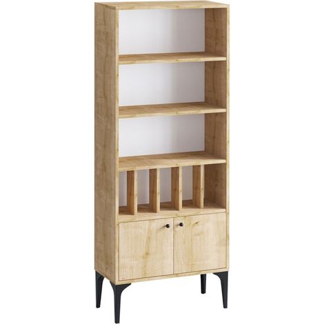 CALICOSY - Etagère bibliothèque 8 tablettes 2 portes décor chêne saphir H175 cm - Pollux (1/5)