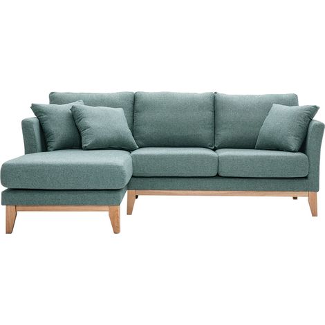 Skandinavisches 3/4-Sitzer-Ecksofa linksseitig mit abziehbarem, graugrünem Stoff und hellem Holz OSLO