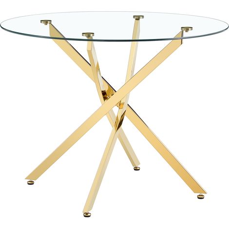 Table à manger ronde au design léger et luxueux, diamètre 88 cm. Table moderne et épurée en verre trempé avec structure métallique dorée, adaptée aux petits espaces repas. Pour 2 à 4 personnes.