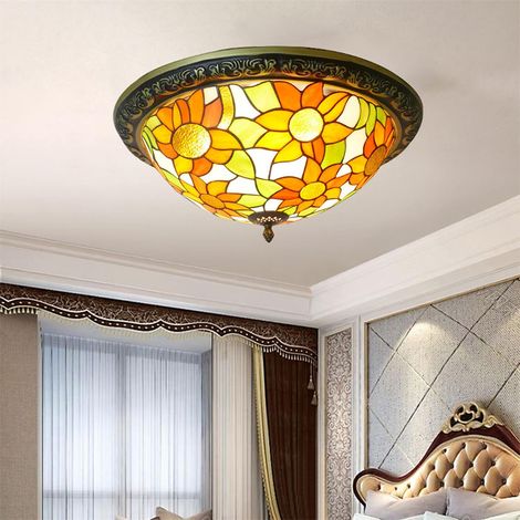 AUTRUCKER Plafonnier de la série Tiffany, motif libellule en vitrail, douille E27, installation semi-encastrée, luminaire de chambre - 50 cm