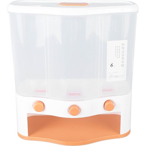 Boîte distributrice de céréales à 3 compartiments, grande capacité, 6 L, avec fenêtre transparente et couvercle, idéale pour le riz et les céréales sèches (orange). (1/5)