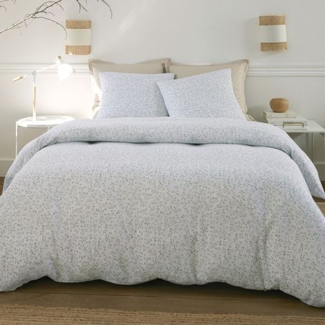 Parure housse de couette 240x220cm + 2 taies motif feuillage blanc et vert 100% gaze de coton - MAHO (1/5)